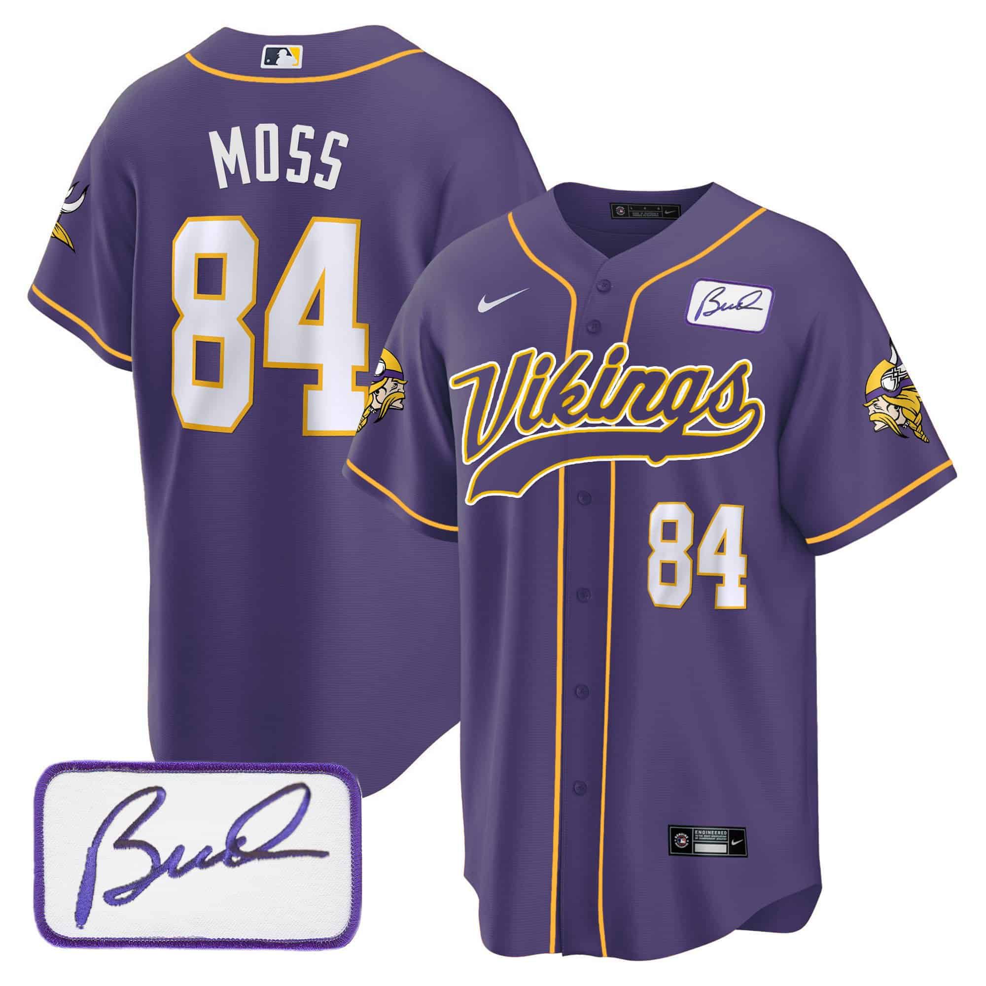 Men Minnesota Vikings 84 Moss Purple 2024 Nike Bud Grant Patch Classic Baseball NFL Jersey style 1